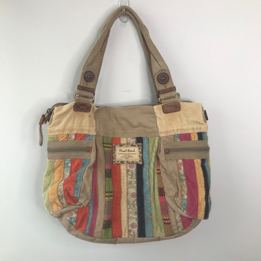 EUC fossil brand corduroy patchwork shoulder bag
